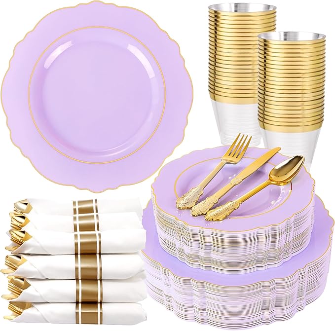 Liacere 350PCS Purple Plastic Plates - Disposable Light Purple and Gold Plates 50guest Baroque Plastic Dinnerware include 100Plates,50Pack Pre Rolled Napkins with Silverware 50Cups for Valentine’s Day