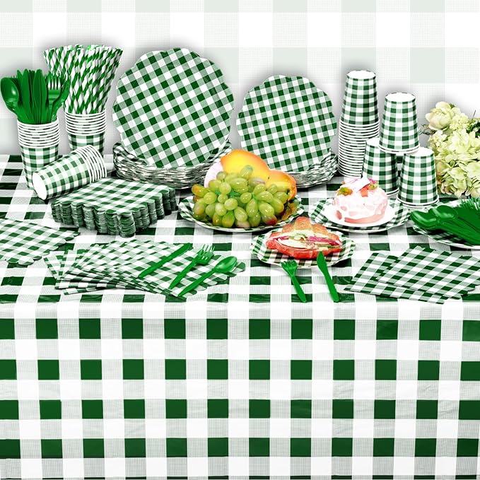 452 Pcs Green Gingham Party Supplies for 50, Dark Green Plaid Checkered Paper Plates Napkins Cups Tablecloth Cutlery Straws for Holiday Birthday Baby Shower Party Decoration