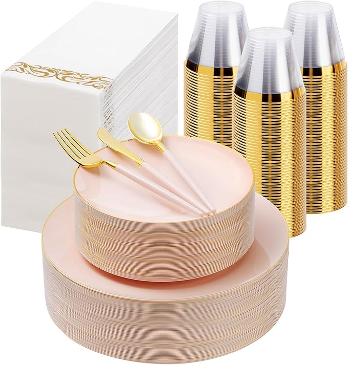 350 Pieces Pink Gold Plastic Dinnerware Set, Gold Disposable Plates for Party, Graduation, Include 100 Pink Plates with 150 Plastic Cutlery, 50 Napkins and 50 Cups