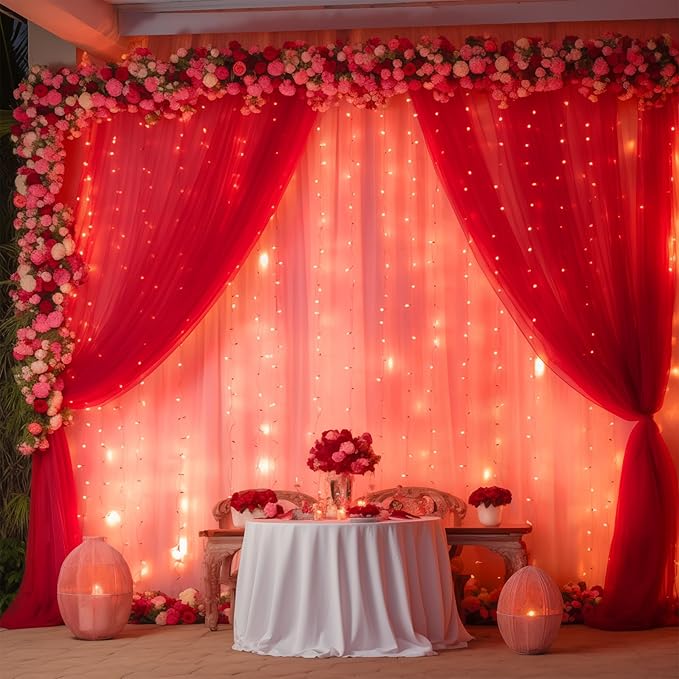 30ft x 10ft Red Backdrop Curtain with Lights String for Parties, Sheer Tulle Wedding Photo Backdrops Drapes for Baby Shower Birthday Party Decorations Background for Photography