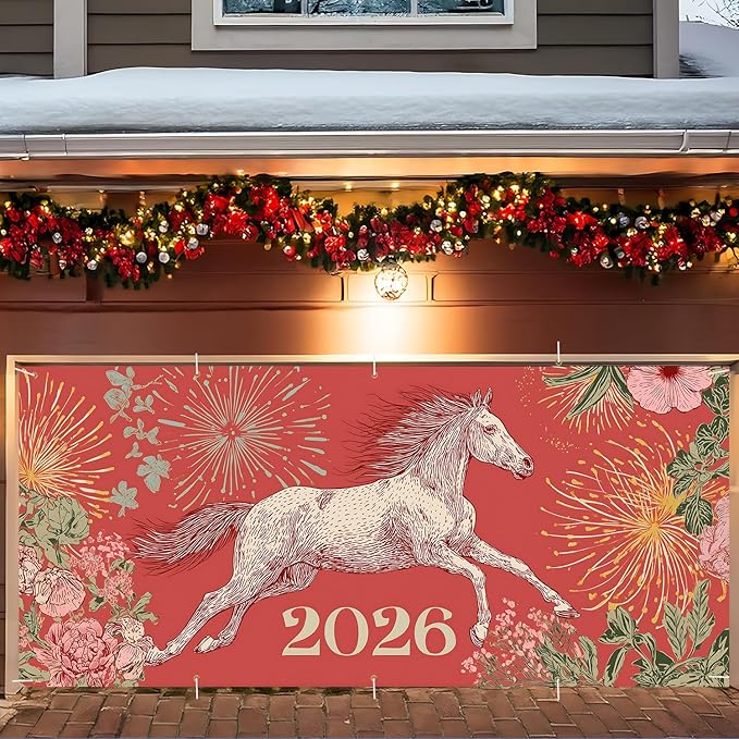 New Year Garage Door Banner 7x16FT, 2026 Fireworks and Running Horse Garage Door Cover, Large Outdoor Decoration for Garage Doors, Driveways, New Year Parties and Countdown Celebrations