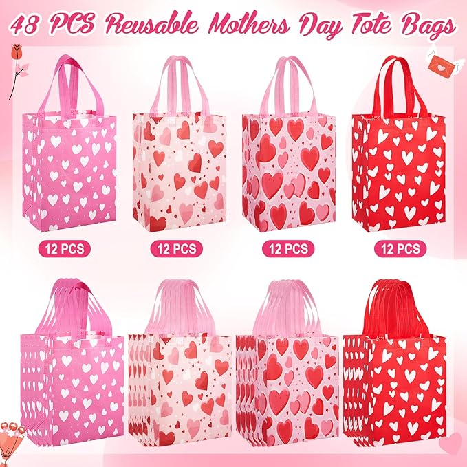Wesnoy 48 Pcs Valentine's Day Gift Bags Bulk Reusable Medium Non Woven Heart Snack Candy Goodie Treat Tote Bags with Handle for Galentines Event Party Favor Gift Wrap,10 x 8 x 4 Inch