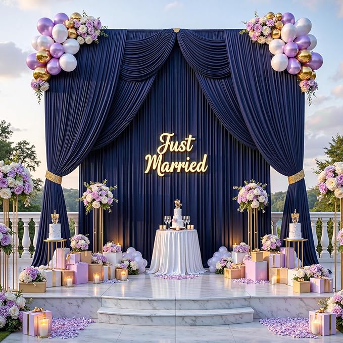 50ft x 15ft Navy Blue Wrinkle Free Backdrop Curtains for Parties,Silky Polyester Fabric Wedding Ceiling Drapes, 10 Panels 15ft Photo Back Drop Drapes for Baby Shower Photography Stage Background Cloth
