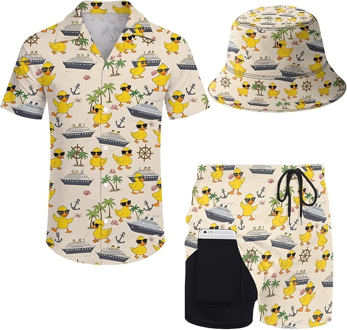 Men's Hawaiian Shirt and Shorts Set 2 Piece Beach Outfits with Bucket Hats for Beach Days and Summer Vibes