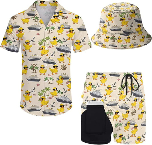 Men's Hawaiian Shirt and Shorts Set 2 Piece Beach Outfits with Bucket Hats for Beach Days and Summer Vibes