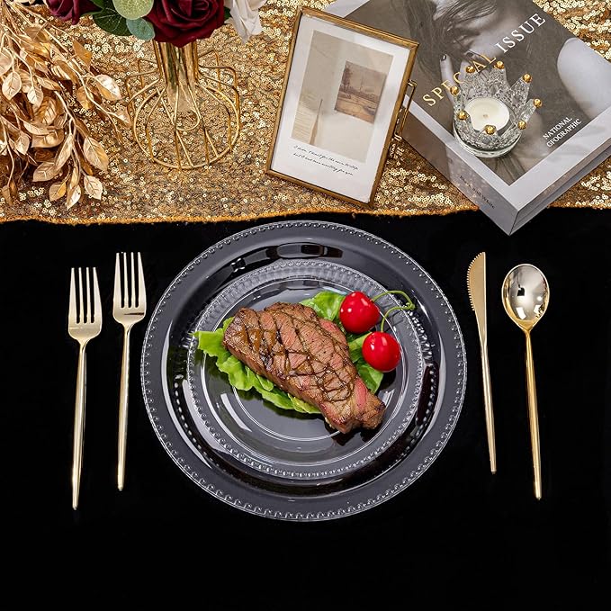 Rubtlamp 60Pcs Clear Plastic Plates, Clear Disposable Plates With Beaded, Heavyduty Plates Include 30 Dessert Platos, 30 Dinner Platos for Wedding Party