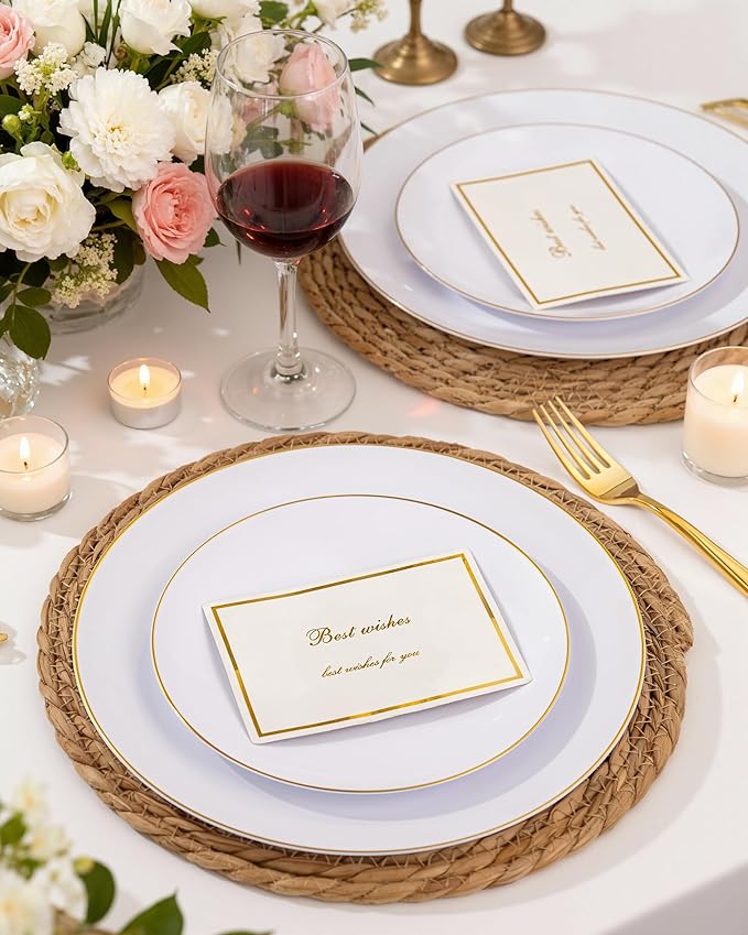 Nervure 100 Pieces Gold Plastic Plates - 10.25 inch Gold Dinner Plates - Heavyweight White and Gold Disposable Plates Ideal for Wedding & Party