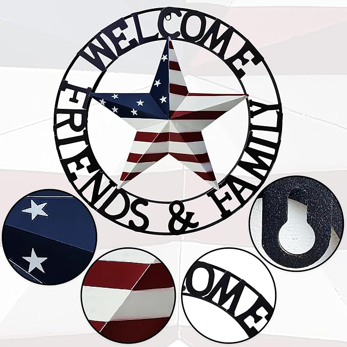 JoyEvy 22" Patriotic Metal Barn Star Welcome Sign Wall Sculptures, American Flag Design Outside Wall Decor,Metal Star for Indoor or Outdoor ,Texas Stars for Western Country Farmhouse Primitive House Decoration