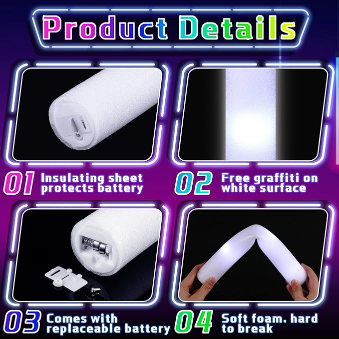 Liliful 24 Pcs LED Foam Sticks Bulk White Light up Sticks Flashing Glow Baton Wands Themed Party Set, Glow in the Dark Party Supplies for Christmas, Valentines Day, Wedding, Birthday, Concert