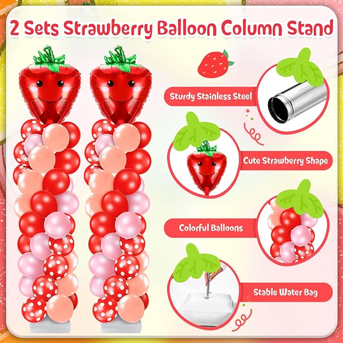 Kasyat 2 Set Strawberry Party Balloon Column Stand Kit Strawberry Red and Pink Foil Balloons Arch Garland Kit for Berry Sweet First Theme Baby Shower Birthday Party Decorations