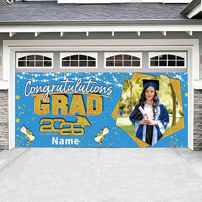 Custom Garaduation Garage Door Banner Cover 16 x 7 ft Class of 2026 Congrats Grad Party Backdrop Personalized Graduation Decoration(Sky Blue and Gold)