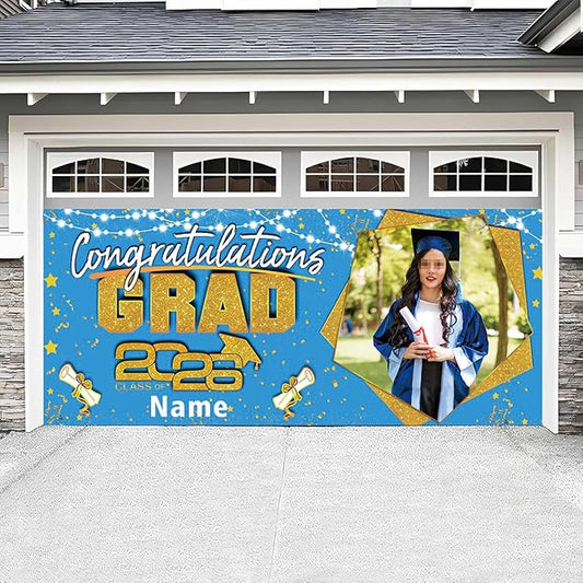 Custom Garaduation Garage Door Banner Cover 16 x 7 ft Class of 2026 Congrats Grad Party Backdrop Personalized Graduation Decoration(Sky Blue and Gold)