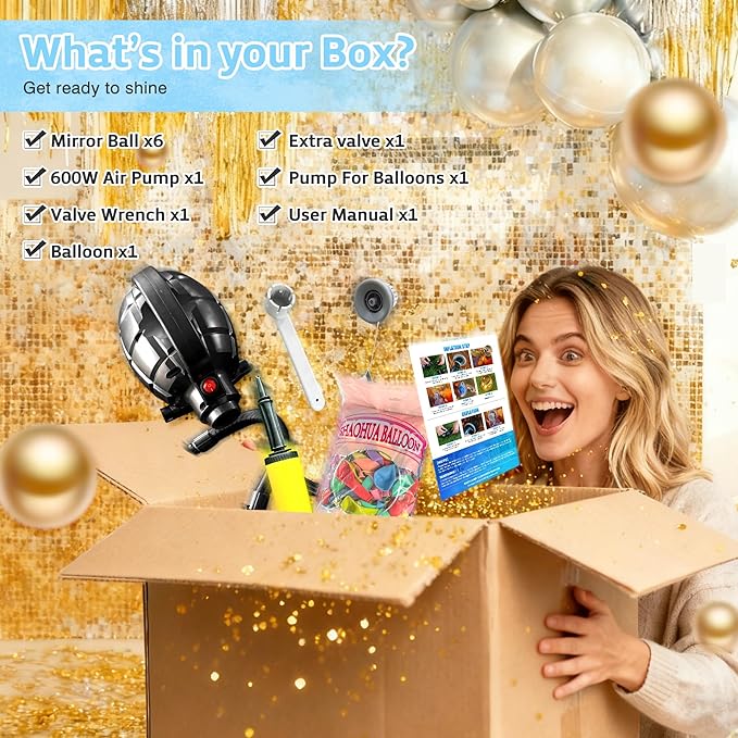 Inflatable Mirror Ball 6PCS Big Gold Shiny Balls Large Hanging & Standing PVC Disco Bubble Balloon with Electric Pump For Christmas, Birthday, Party, Wedding, Decoration, Other Events