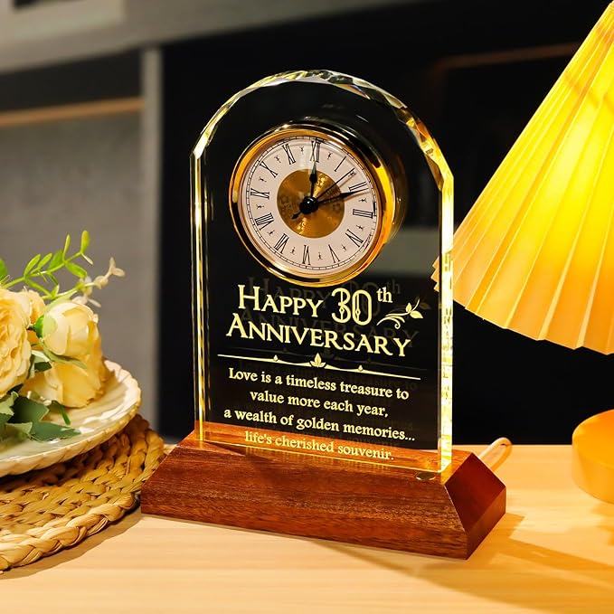 YWHL 30th Wedding Anniversary Clock Gifts for Couple, 30 Years Anniversary Glass Gift for Wife Husband, Table Clock Glass Presents with Wooden Light Base for HomeDecoration (Battery not Included)