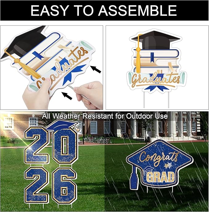 Large 11 PCS Graduation Yard Signs, Class of 2026 Congrats Grad Outdoor Lawn Yard Sign with Stakes, Graduate Yard Decorations for College High School Party, Blue and Gold