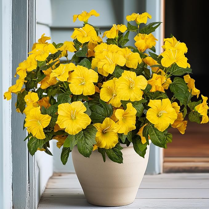 19 Inch Artificial Fake Flowers for Outdoor,4 Pcs Faux Silk Petunias Spring Flowers for Outside for Indoor Porch Planter Front Door Garden Patio Window Box Home Decor(Yellow)