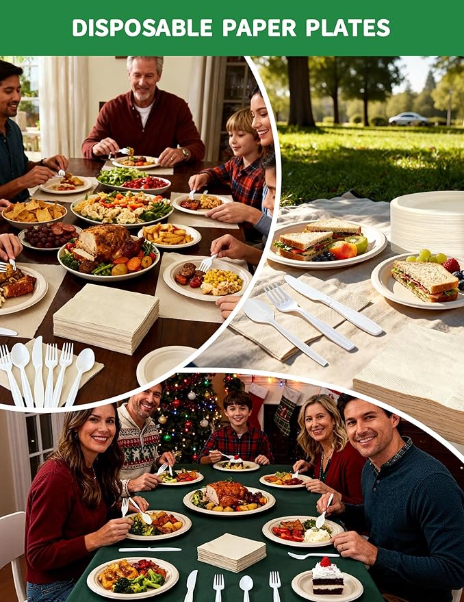 300 Pcs Compostable Dinnerware Set - Serves 50 Guests with Heavy Duty 9 & 7 Inch Plates, Napkins & Cutlery | Biodegradable Sugarcane Eco-Friendly Party Supplies for Birthday, Christmas, Holiday