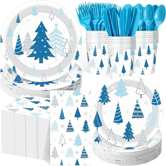 Pickmesh 400 Pcs Winter Party Supplies Blue Silver Xmas Tree Snowflake Disposable Paper Plates Napkins Cups Cutlery for Christmas Xmas Birthday Party Table Decorations Serve 50