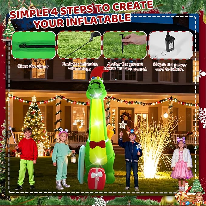 13FT Dinosaur and Santa Surfing Outdoor Inflatable Decoration with LED Lights, Suitable for Christmas Yard and Lawn Decorations