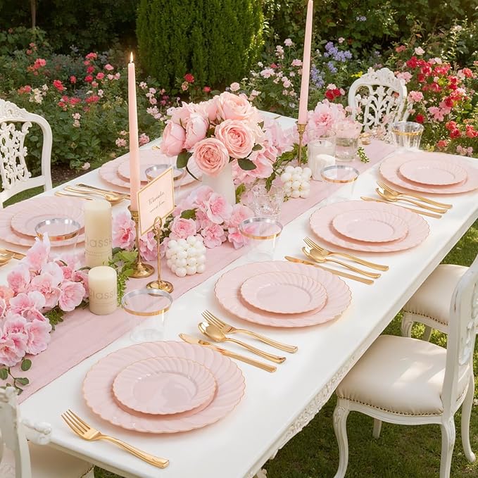 YOUBET 125Pcs Pink Plastic Plates with Gold Rim - Scalloped Plastic Plates Set Includes 25 Dinner, 25 Dessert Plate, 75 Gold Silverware for 25Geusts for Wedding Birthday Parties Baby Shower Valentines