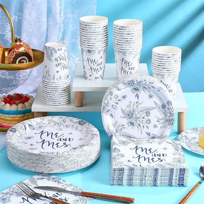 Zhehao 250 Pcs Mr. and Mrs. Bridal Shower Plates Napkins Sets 50 Pcs 9'' Dinner Plates and 7'' Dessert Plate and 9oz Cups 100 Napkins Serves 50 Party Supplies Bridal Shower Engagement Decoration