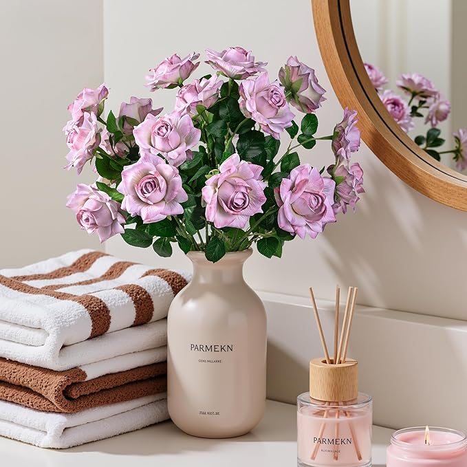 Artificial Flowers Artificial Roses Fake Roses 23.2In Long Stem Artificial Flowers for Tall Vase Silk Rose 20PCS Suitable for Wedding Party Decor Valentine's Day DIY Bouquet Spring (Purple)