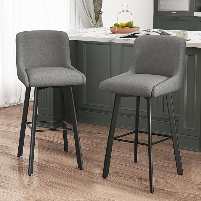 Swivel Bar Stools Set of 2, 29''H Upholstered Barstools with Backs, Modern Counter Height Bar Stool Chairs for Kitchen Island, Metal Legs, Fabric, Gray Counter Stools
