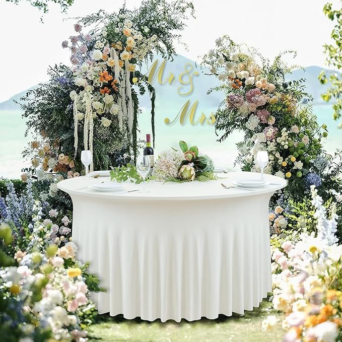 4 pk Ivory Spandex Round Tablecloths for 60 inch Table, Wrinkle Free 120inch Stretchy Fitted 5FT Round Table Cloths Cover with Skirt for Wedding Party Dining Banquet