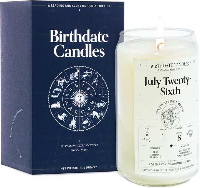 Birthdate Candles, July 26 - Leo Zodiac Scented Candles Birthday Gift - Rosemary, Chamomile & Shea Scent - All-Natural Soy & Coconut Wax, 60-80 Hour Burn Time - Made in USA