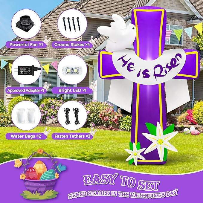 MICOCAH 4.5FT Easter Inflatables Outdoor Decorations He is Risen Inflatable Cross Blow Up with Lilies and Doves Build in LED Lights for Indoor Yard Garden Lawn Party Holiday Christian