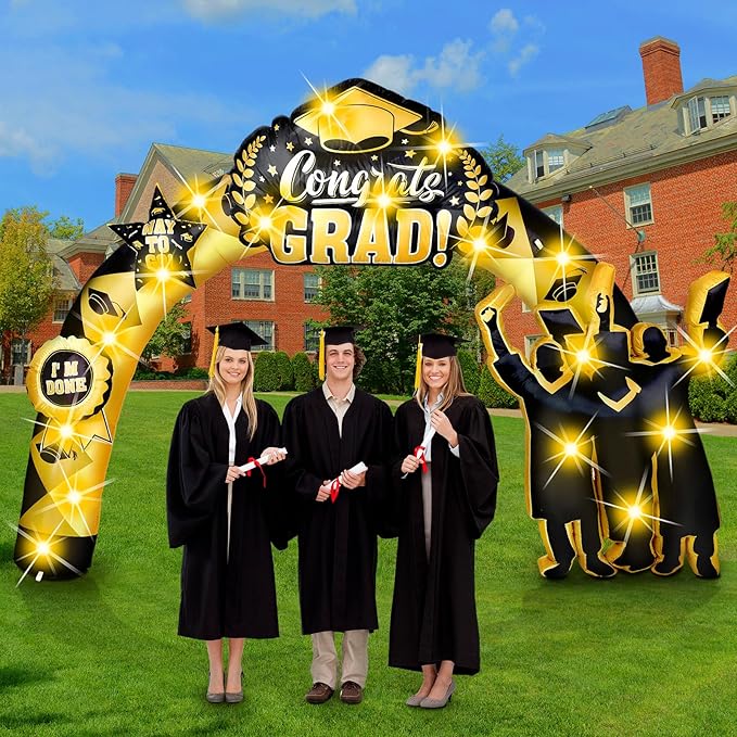 Vihose 7 Ft Tall Graduation Blow Up Arch Decorations Congrats Grad Inflatables Jumbo Black Gold Decorations Cap Gown Diploma LED Lights for Preschool High School College Prom Party Decor