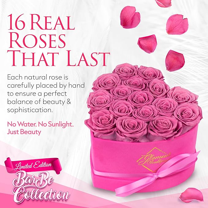 GLAMOUR BOUTIQUE 16 Flower Forever Heart Shape Box, Eternal Preserved Roses Gift for Her, Lasting Flowers, Romantic Floral Keepsake for Birthday Anniversary Valentine’s Day Velvet Pink (Color-Treated)