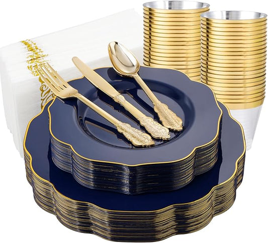 NOCCUR 175PCS Blue Plastic Plates with Disposable Silverware - Include 50 Blue Disposable Plates with Gold Rim,75 Gold Cutlery,25 Cups,25Napkins for Party/Wedding