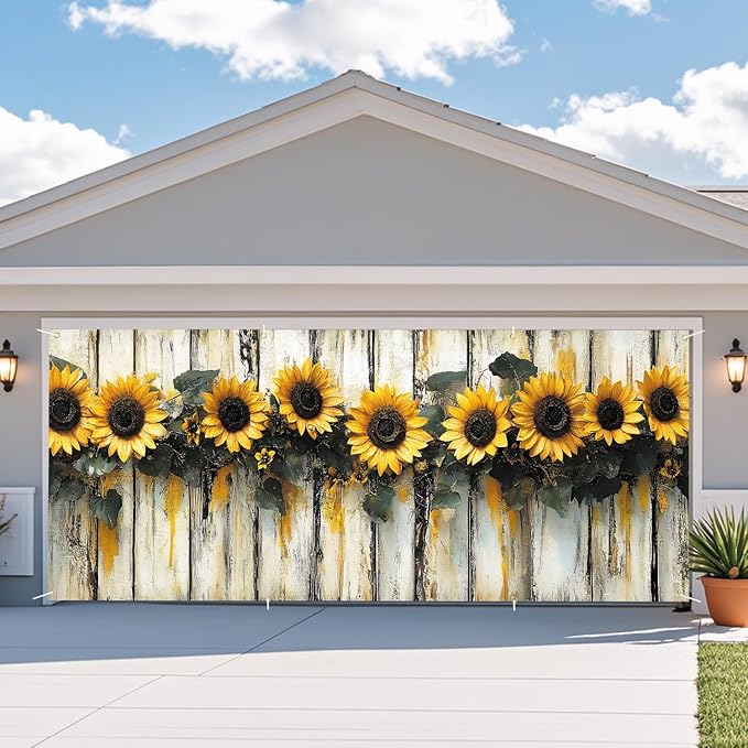 ANNA QUEEN Sunflower Garland Garage Door Banner 6 x 13FT, Rustic Sunflowers with Wooden Fence, Outdoor Spring and Summer Decoration for Garden Parties Home Decor