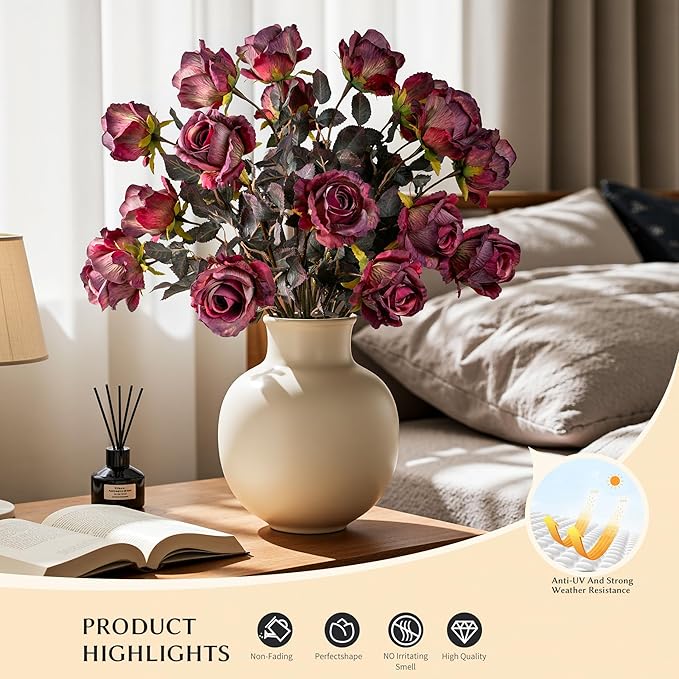 Artificial Flowers Autumn Artificial Roses 23.2In Fake Roses Long Stem Artificial Flowers for Tall Vase Silk Rose Suitable for Indoor Decoration Wedding Party Decor DIY Bouquet,Rose Red，20PCS
