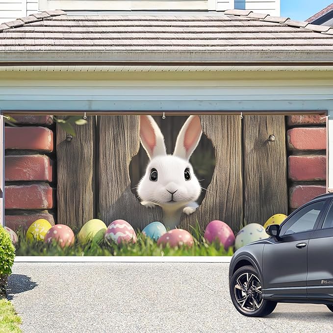 Easter Bunny Peeking Through Fence Garage Door Banner 7x16FT, Cute Bunny & Colorful Eggs, Outdoor Spring Decoration for Easter & Holiday Season