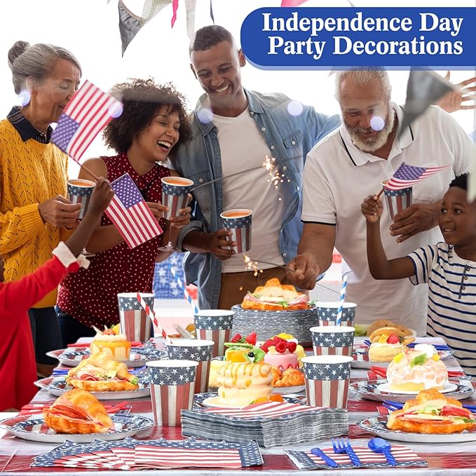 452 Pcs 4th of July Party Supplies for 50 Guests, American Flag Patriotic Paper Plates Napkins Cups Tablecloth Cutlery Straw White Red and Blue Tableware for Fourth of July Party Decoration