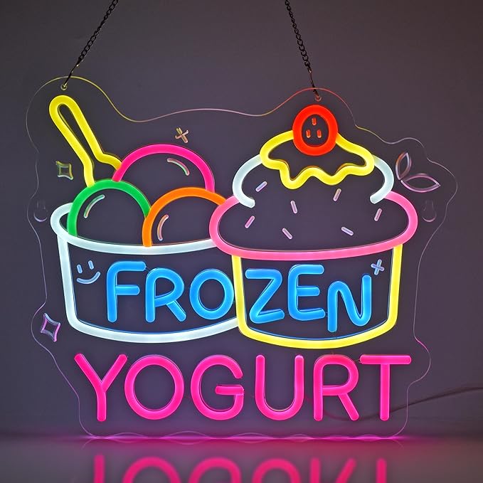 Frozen Yogurt Neon Sign, Neon Lights Hanging Wall Art Decoration for Grocery Store Supermarket Farmers Markets Ice Cream Shop, USB Powered, Ultra Bright & Dimmable, 14.96×12.6 Inches
