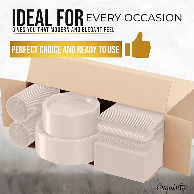 350 Pcs Ivory Plastic Plates For Party, Ivory Disposable Plates Set, 50 Of Each 9" Dinner Plate Set, 7" Dessert Plate, Cups, Napkins & Cutlery Plastic Dinnerware Exquisite