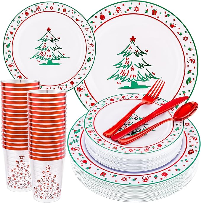 LIYH 150 Pcs Plastic Christmas Plates Disposable Christmas Dinnerware Set, Red Plastic Silverware,Cups Perfect 25 Guests