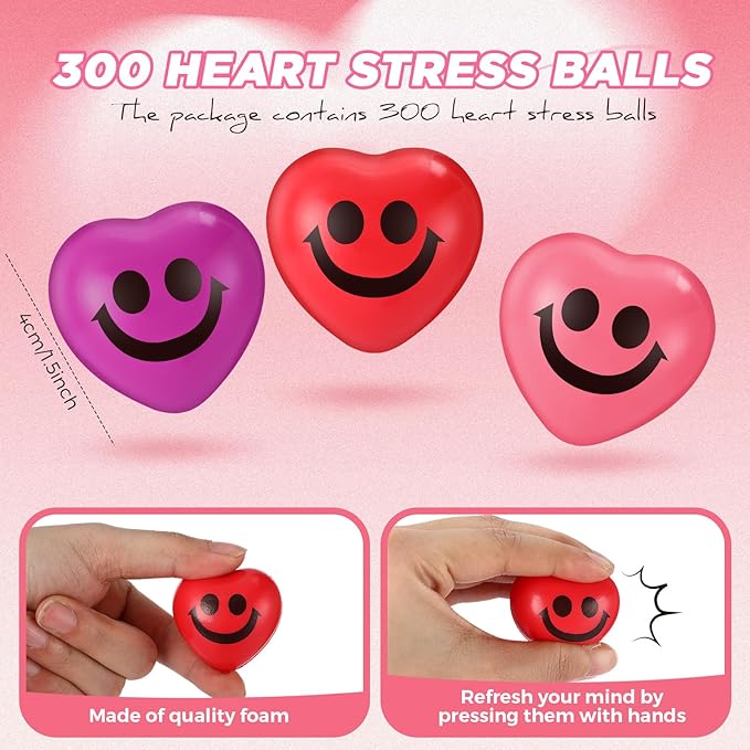 300 Pieces Valentine Day Heart Stress Balls 1.5 Inch Mini Stress Relief Balls Small Heart Shape Ball Kids Adults Wedding School Carnival Gift(Smile Face)
