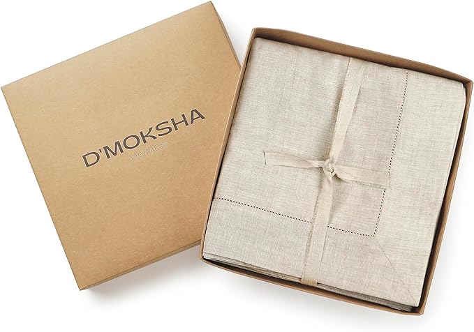 D'Moksha Homes Light Natural Linen Tablecloth 60 x 120 Inch - 100% Pure Linen Hemstitch Tablecloth for Rectangle Tables - Classic Hemstitch, Machine Washable Table Cloth for Valentines, Easter