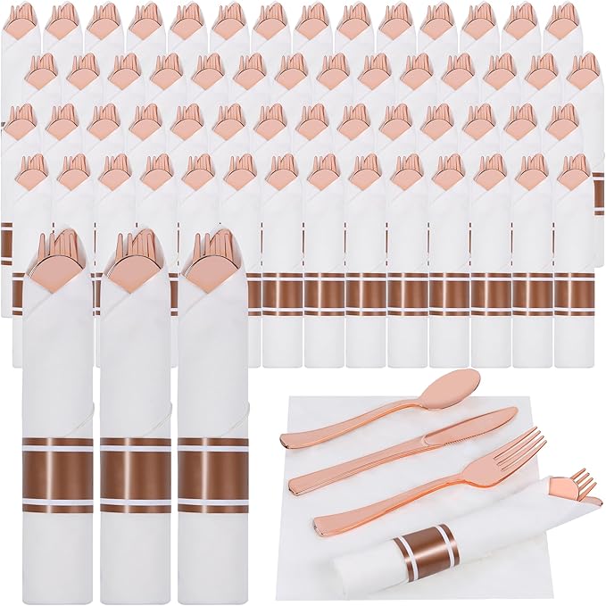 800 PCS Pre Rolled Cutlery Sets, Premium Rose Gold Plastic Flatware Set Wrapped in Napkin, Disposable Cutlery Set with 200 Forks, 200 Knives, 200 Spoons, 200 Napkins for Upscale Wedding, Party, Dinner