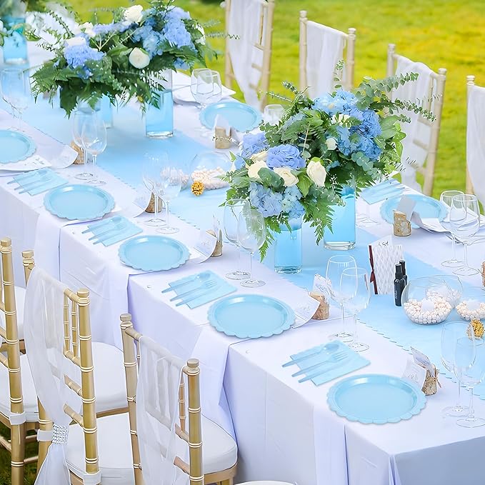 350 Pcs Light Blue Paper Plates and Napkins, Boy Baby Shower Decorations Include Baby Blue Scalloped Plates Napkins Cups Plastic Spoons Forks Knives for Bridal Shower,Wedding,Birthday