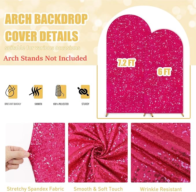 Spandex Arch Backdrop Cover Set of 2 （7.2FT, 6FT） Hot Pink Wedding Arch Covers Stretchy Backdrops Sparkly Sequin Arches Backdrop Stands Cover Chiara Backdrops Covers for Baby Shower Birthday Parties