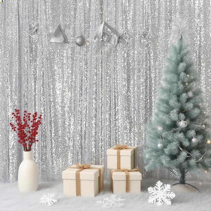 Silver Sequin Backdrop Curtain - 4PCS (2FTx8FT) Glitter Photo Background for Wedding, Christmas, Party, Baby Shower & Stage Decorations (Silver, 2x8ft 4 Panels)