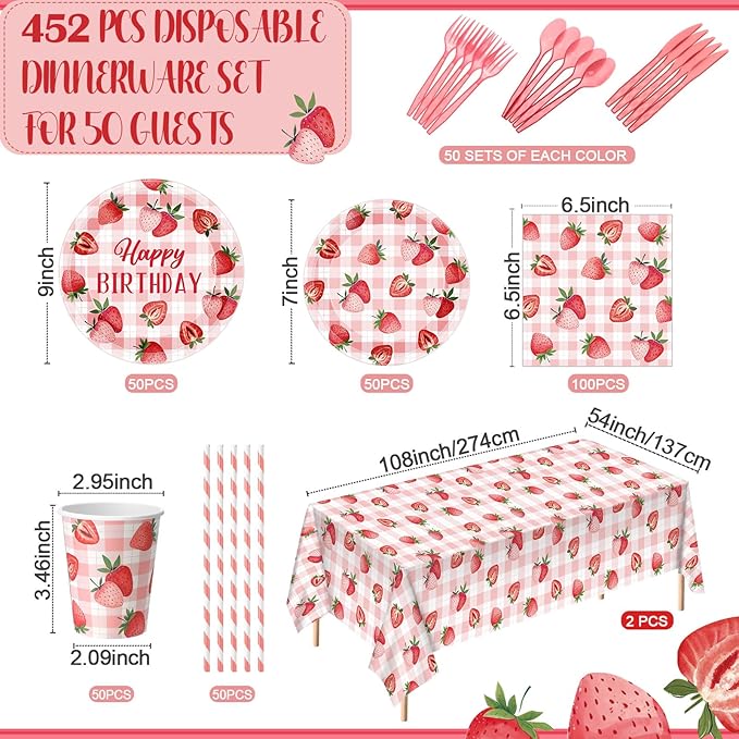 452 Pcs Strawberry Birthday Party Decorations for 50, Strawberry Paper Plates Napkins Cups Tablecloth Cutlery Straws for Berry First Birthday Themed Baby Shower Party Supplies