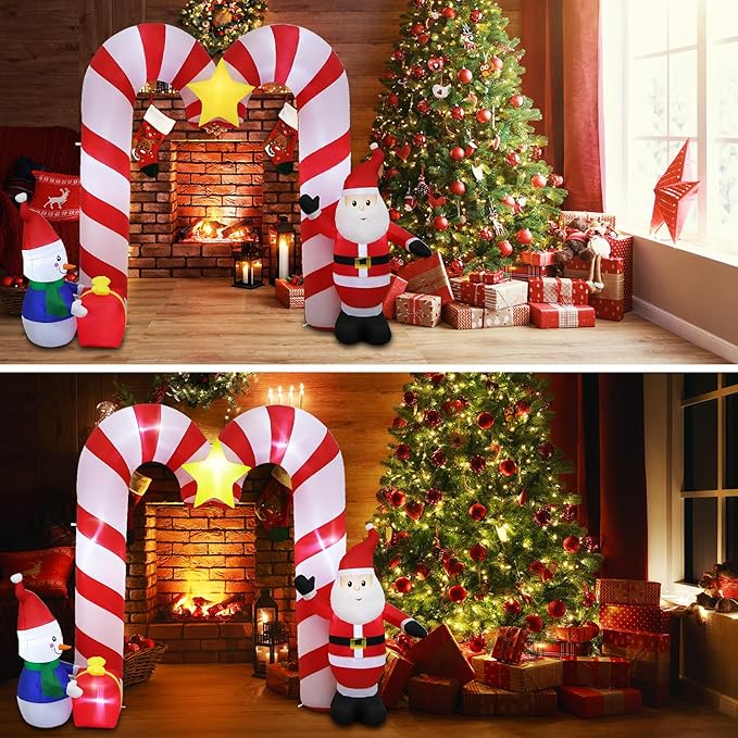 10ft Candy Cane Arched Outdoor Inflatable with LED Lights for Christmas Holiday Party Decoration, Winter Garden Decoration
