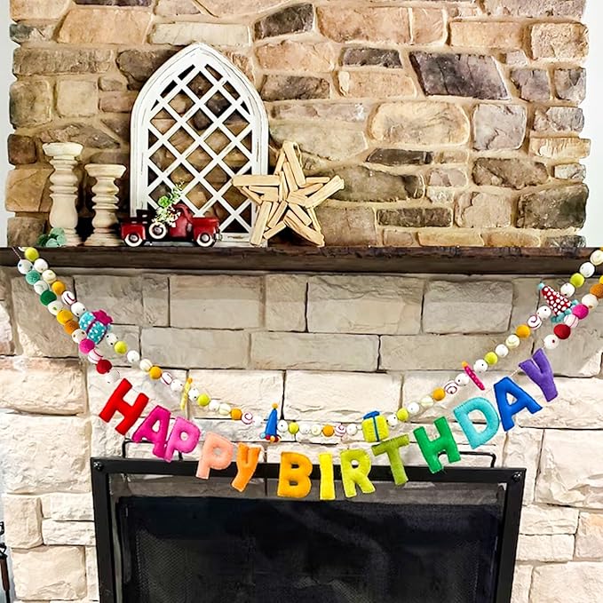 2 PCS Pre-Strung Happy Birthday Banner, Rainbow Party Decorations, HAPPY BIRTHDAY Felt Ball Garland, Personalized Birthday Sign for Birthday Decor, Party Supplies, Photo Prop, Decoración De Cumpleaños