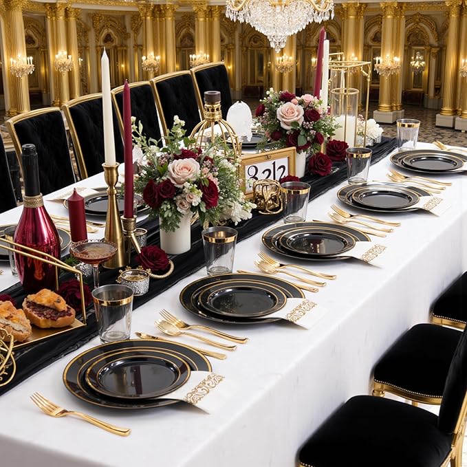 Supernal 800PCS Black and Gold Disposable Dinnerware Set Include 100 Dinner Plates&100 Dessert Plates,100 Knives,200Forks,100Spoons,100Cups,100Napkins for Party&Birthday